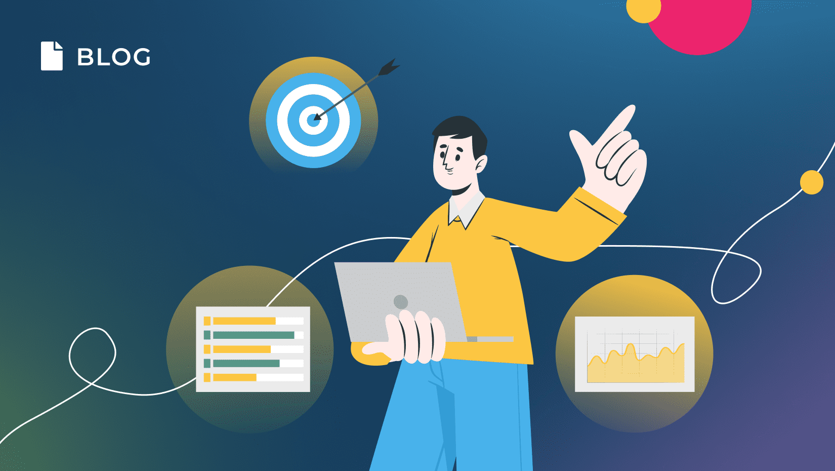 Illustration of a person with a laptop, gesturing towards floating icons: a target, a bar chart, and a line graph symbolizing B2B metrics. Set against a blue background with the word "BLOG" in the top left corner, this image highlights strategies for improved customer retention.