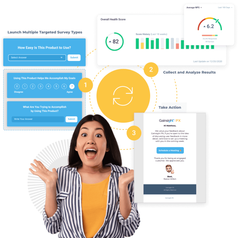 A woman in a striped shirt looks excited, surrounded by digital survey interfaces and analytics. With a satisfaction score of 82 and an average NPS score, the scene highlights customer feedback insights—essential for optimizing product experience through effective SEO strategies.