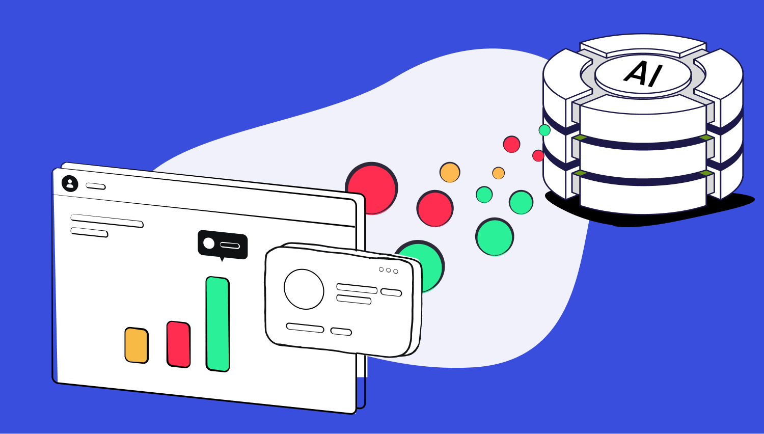 Illustration depicting a computer interface with colorful graphs and a circular AI data storage unit, connected by multicolored dots. This symbolizes Generative AI integration and customer-led growth in data processing on a blue background.