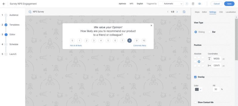 Gainsight template design editor for creating an in-app NPS survey