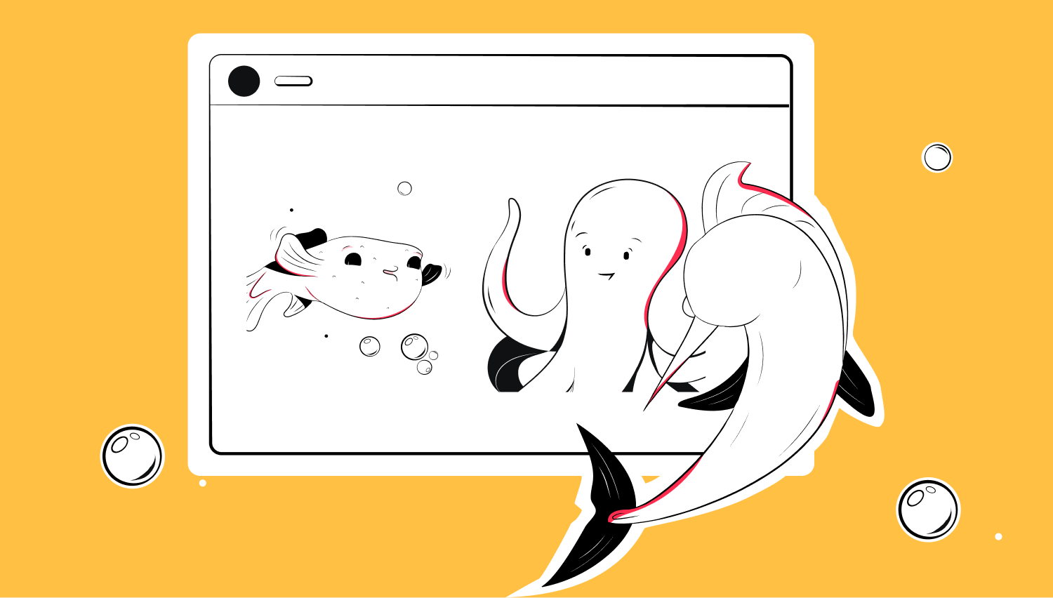 Illustration of two anthropomorphic sea creatures: a fish inside a browser window and an octopus interacting from outside, showcasing the dynamic teamwork needed for effective conducting of quarterly business reviews. Set against a bright yellow background with bubbles.