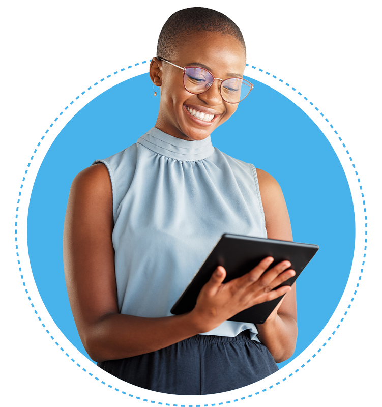 Illustration of a woman holding a tablet on a blue background