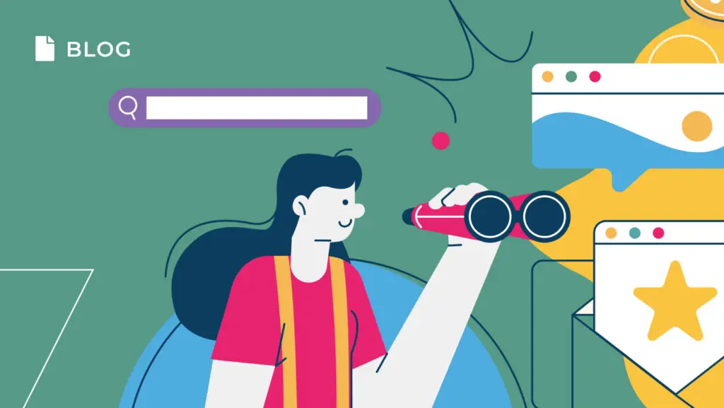 Illustration of a person with long hair holding binoculars, peering at digital icons. A search bar and blog label hint at online exploration on a customer success platform. The green background, adorned with abstract shapes in blue, yellow, and orange, conveys a vibrant business atmosphere.