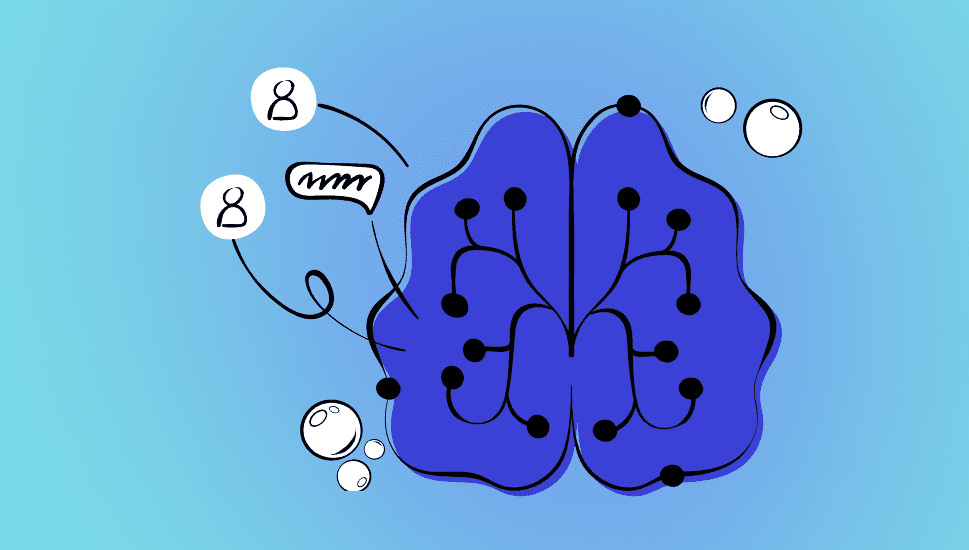 Illustration of a blue brain with black nodes and lines on a blue background. Speech bubbles and icons with people symbols surround it, suggesting communication, connectivity, and enhancing the post-sales experience through Customer Success AI.