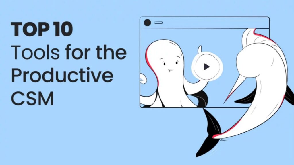 Illustration of a whale and octopus engaging with a play button on a video screen, alongside the text 