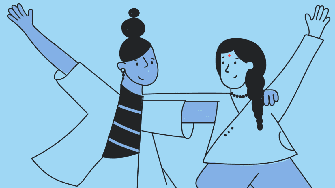 Two people with arms around each other, smiling and waving, exhibit a warm sense of camaraderie. With blue skin tones and casual attire against a light blue background, they exude the essence of SaaS Customer Success in their connection.