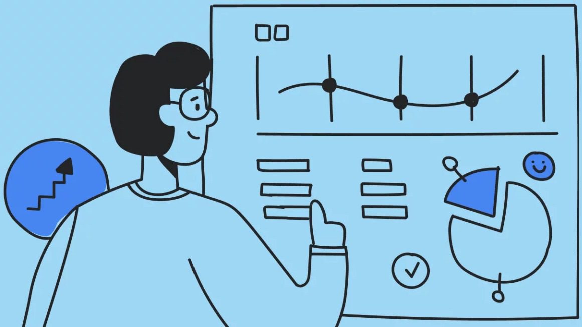 A person with glasses and a smile is looking at a large screen displaying charts and graphs. The simplified, stylized design in shades of blue includes AI-enhanced visuals such as a line graph and pie chart, elevating the customer experience.