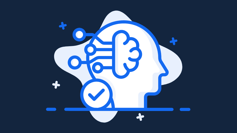 Illustration of a human head with a brain, interconnected nodes, and a checkmark inside a circle. The design uses blue and white colors on a dark background, symbolizing AI-powered customer success tools and technology.