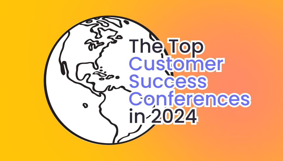 Illustration of a globe with the text "Auto Draft: The Top Customer Success Conferences in 2024" overlaid. The background is a gradient from orange to yellow.