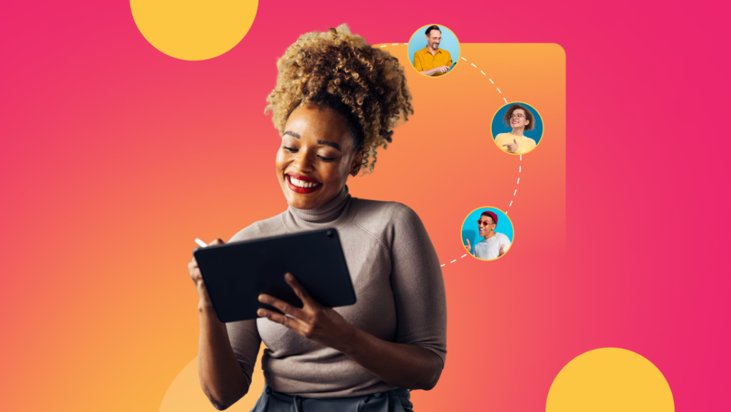 A woman smiling and working on a tablet against a vibrant pink and yellow background. Dotted lines connect to circular images of four diverse people, suggesting building stronger communities through communication or collaboration, embodying 2024 insights in connectivity.