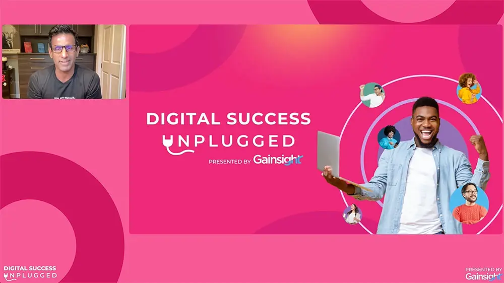 A virtual event presentation slide titled "Digital Success Unplugged" by Gainsight showcases people in circular frames and a speaker, Nick Mehta, on the left in a smaller video window. The background is pink with abstract shapes, setting the stage for an engaging Unplugged Kickoff.