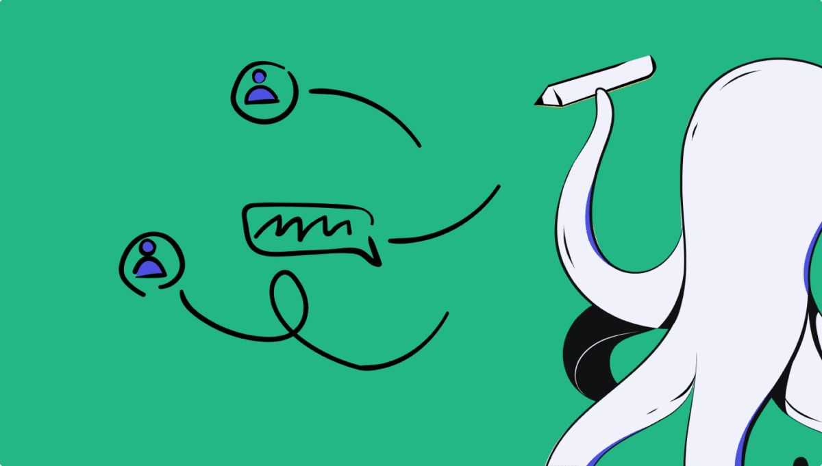 An abstract illustration of an octopus holding a pencil interacting with a network of people icons and a speech bubble on a green background. The lines suggest communication or the flow of ideas, embodying best practices for customer success in B2B SaaS.