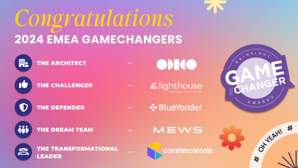 Celebrate the colorful slide showcasing the 2024 EMEA Gainsight GameChanger Award Winners at the Pulse Europe Awards. Honoring The Architect (OKDO), The Challenger (Lighthouse), The Defender (Blue Yonder), The Dream Team (MEWS), and The Transformational Leader (commercetools).