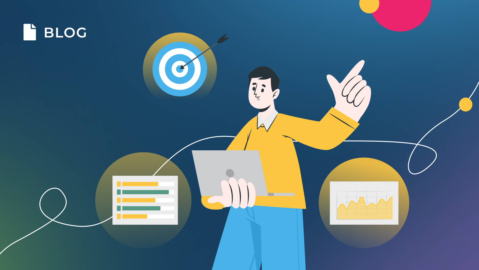 An illustrated person with a laptop gestures upward, symbolizing the customer success journey. Surrounded by icons: a target with an arrow, a bar chart, and a line graph. A dynamic, colorful background features blog text on the side, echoing Gainsight's vibrant approach to growth.