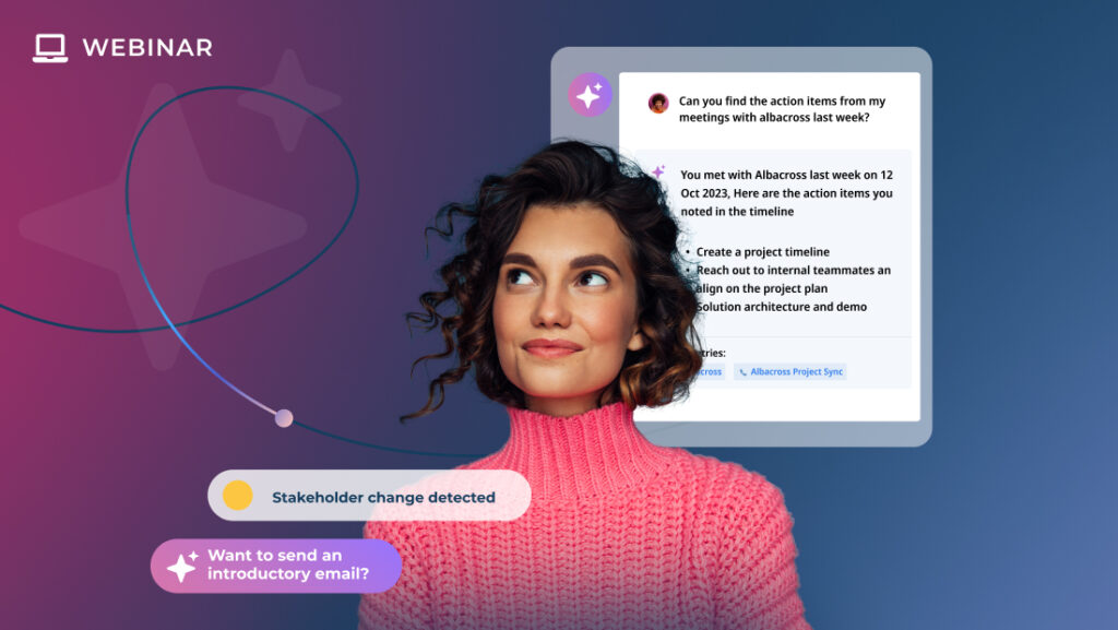 A woman in a pink sweater stands in front of a digital interface discussing AI enhancements in post-sales support. A notification bubble reads, 