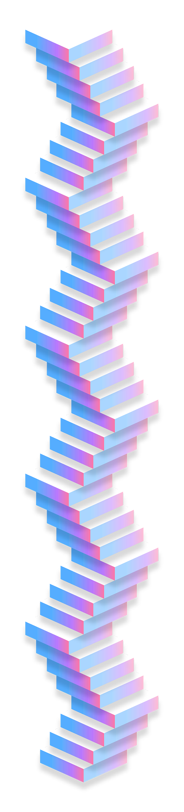 An abstract, multicolored 3D structure with layers stacked in a zigzag pattern reminiscent of stairs. The layers are primarily pink, blue, and purple, creating a gradient effect.