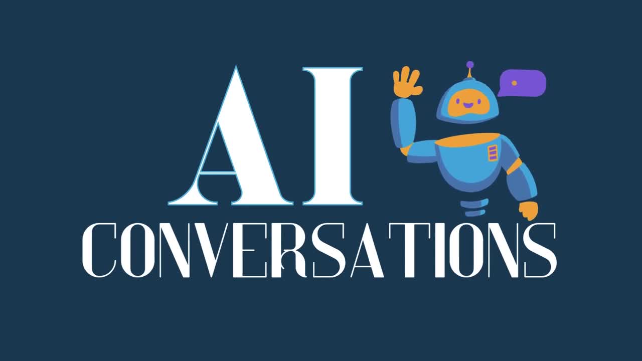 Illustration of the text "AI Conversations" with a friendly robot in blue armor waving, set against a dark blue background. The robot has a speech bubble next to it, highlighting customer conversations and interaction akin to Brandwatch's intuitive engagement.