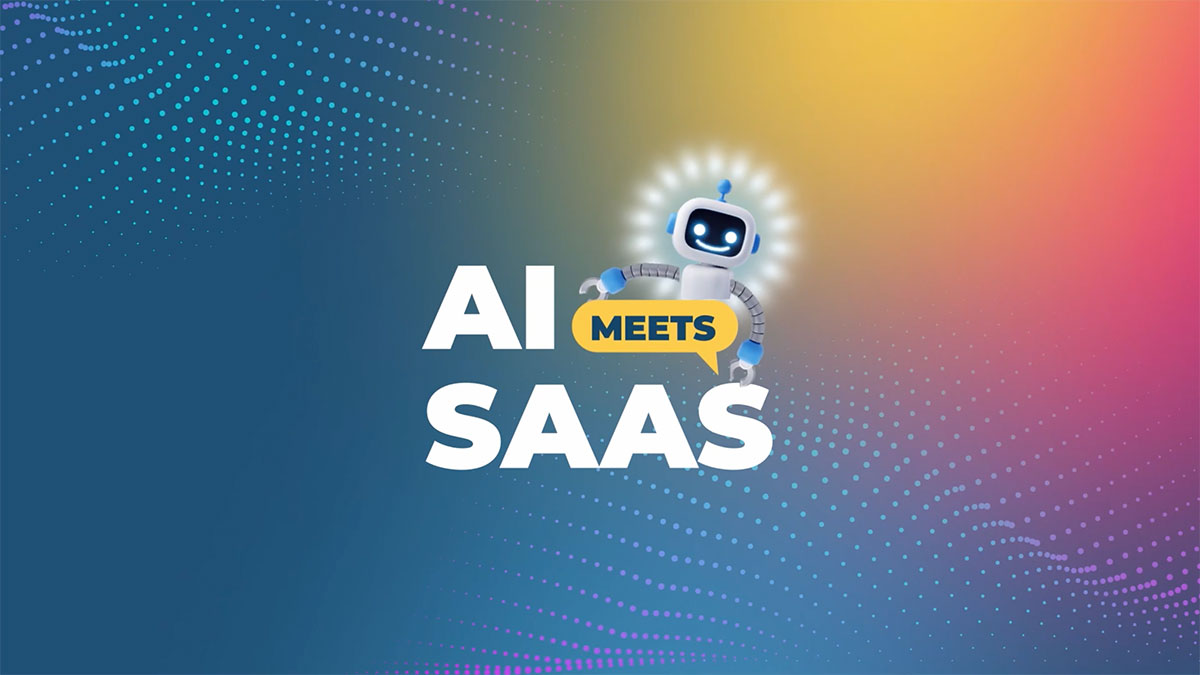 A robot with a glowing head and friendly smile is featured on a colorful dotted background transitioning from blue to yellow. A speech bubble labeled "MEETS" connects "AI" with "SaaS". The design subtly hints at G2's innovative spirit in the tech space.