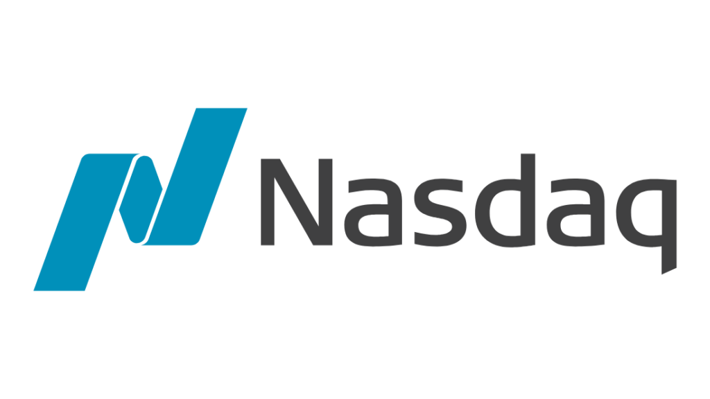 The Nasdaq logo, prominently displayed at the Nasdaq MarketSite, showcases a stylized blue 