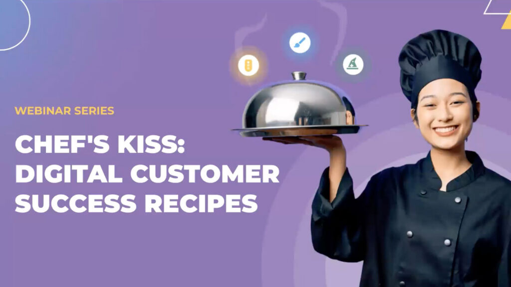 Chef in a black uniform smiling and holding a covered silver platter. To the right, icons represent AI, blockchain, data analysis, and software. Text reads: 