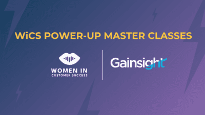 Promotional image for "WiCS Power-Up Master Classes 2024" featuring logos for Women in Customer Success and Gainsight on a purple background with lightning bolt accents, focusing on career paths and goal setting.