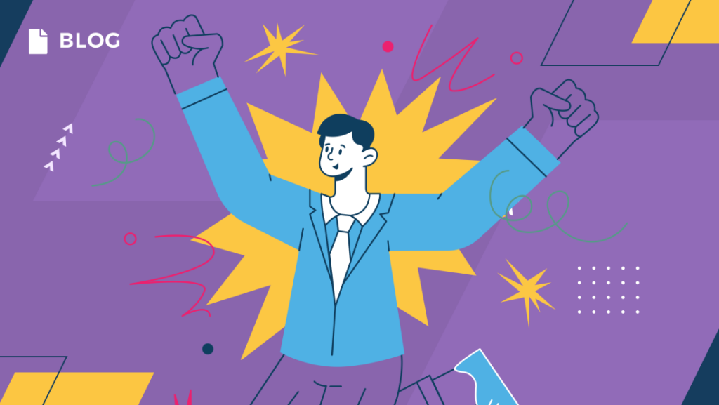 Illustration of a Community Manager in a suit jumping joyfully with clenched fists. The purple background features colorful abstract shapes and a yellow burst behind the person, celebrating Community Manager Appreciation Day. The word 