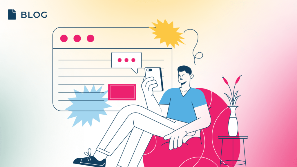 Illustration of a person in a blue shirt and white pants sitting on a red chair, holding a smartphone. Nearby are a potted plant and side table. The background features abstract shapes in pink, blue, and yellow with 